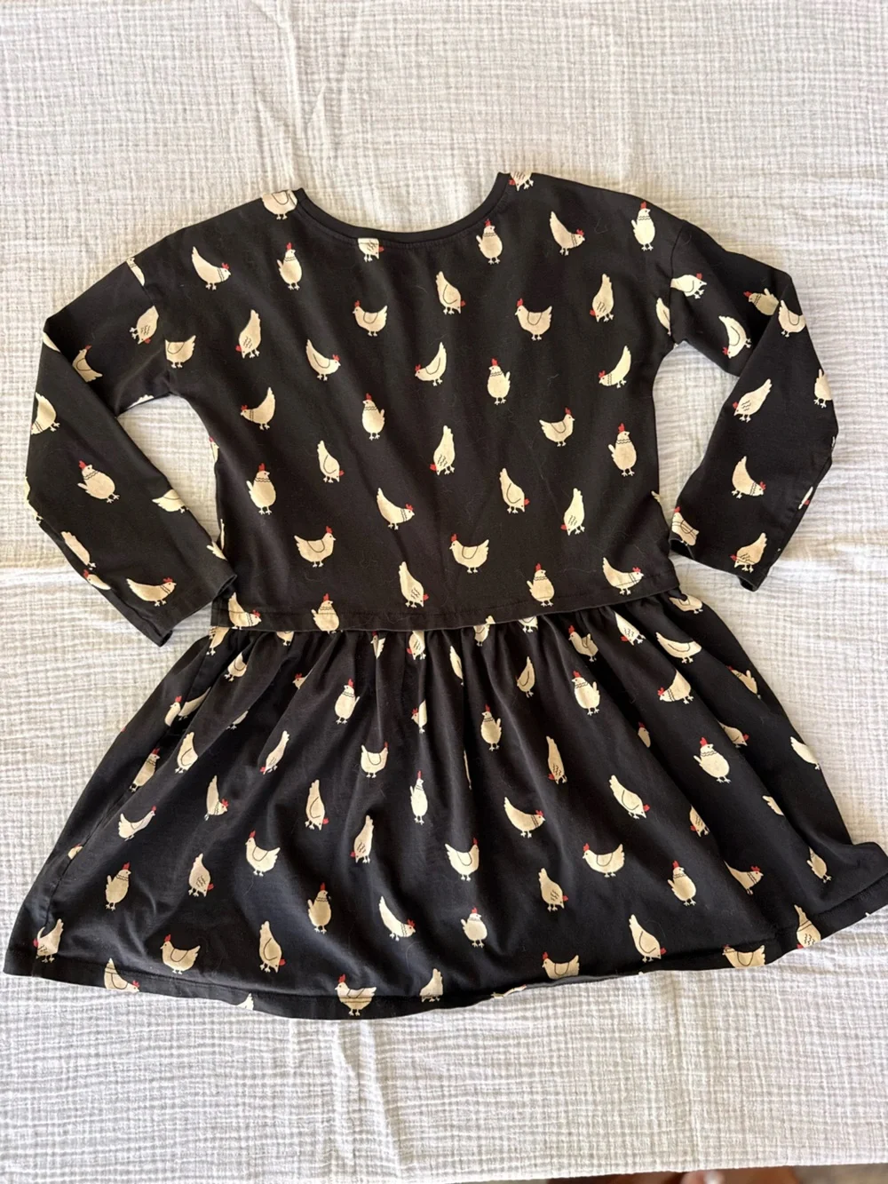 Tea Collection Black Dress with Cream Chicken Print